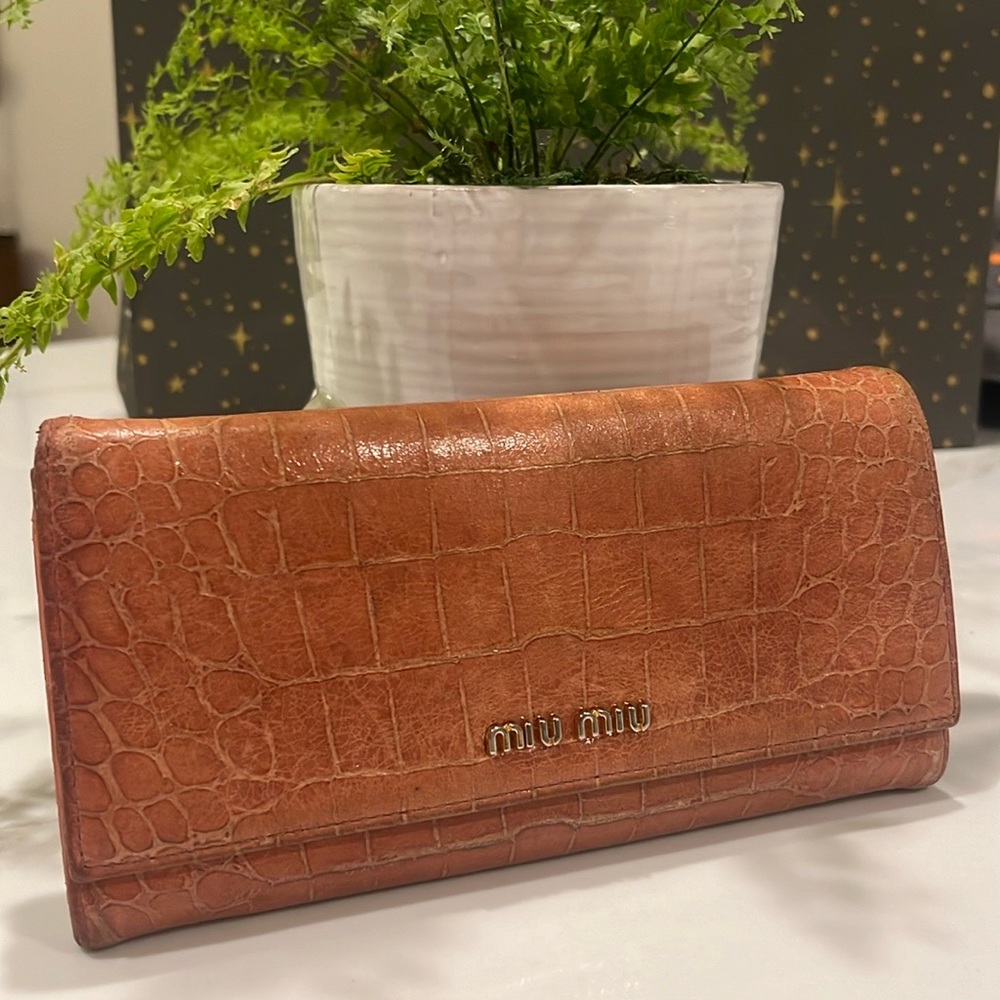 Miu Miu Patent Leather Croc Long Wallet Zipper Snap Coral Orange Pink